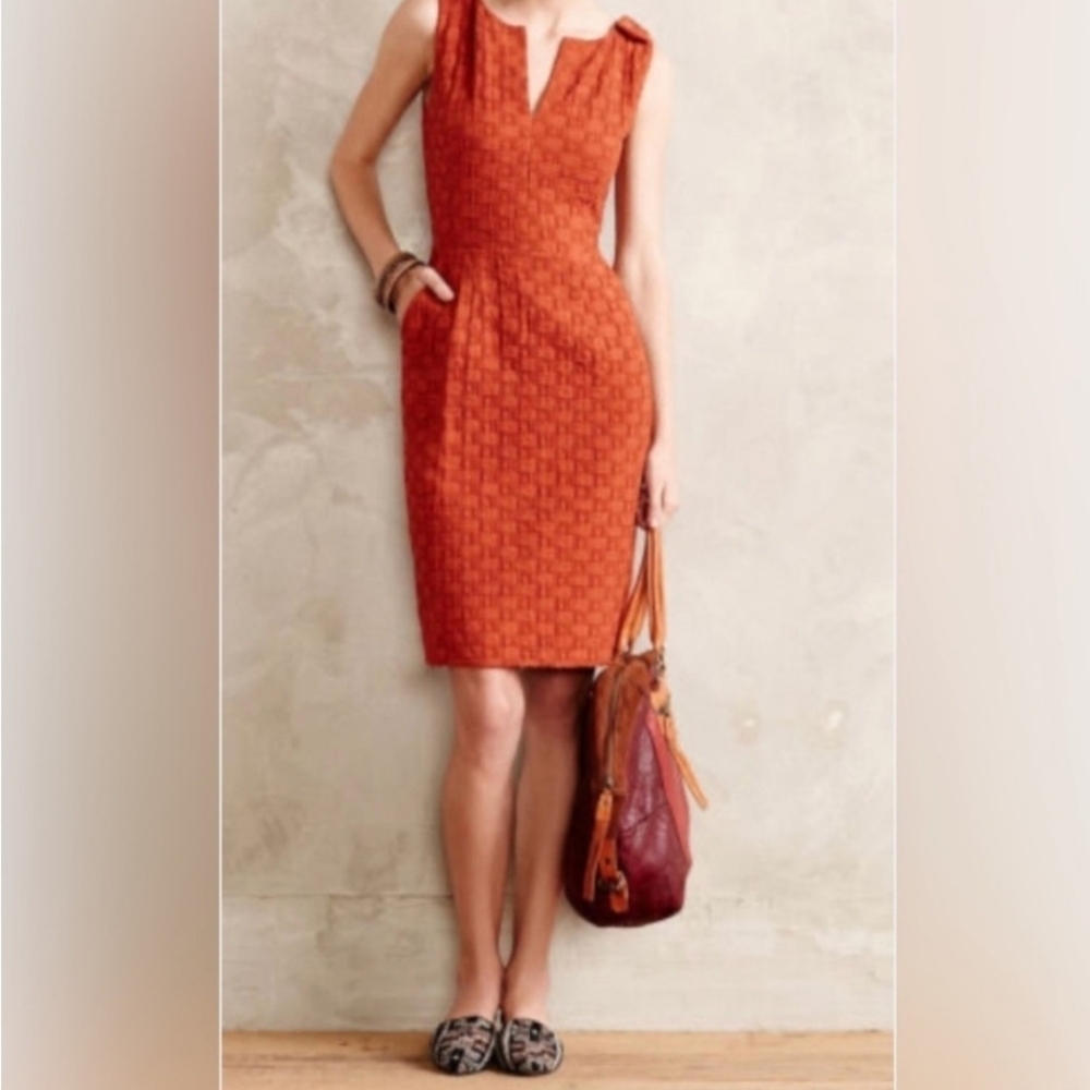 Anthropologie Tabitha Basketweave Textured Lined Pockets Dress 4 Quilted Rust - Picture 5 of 16